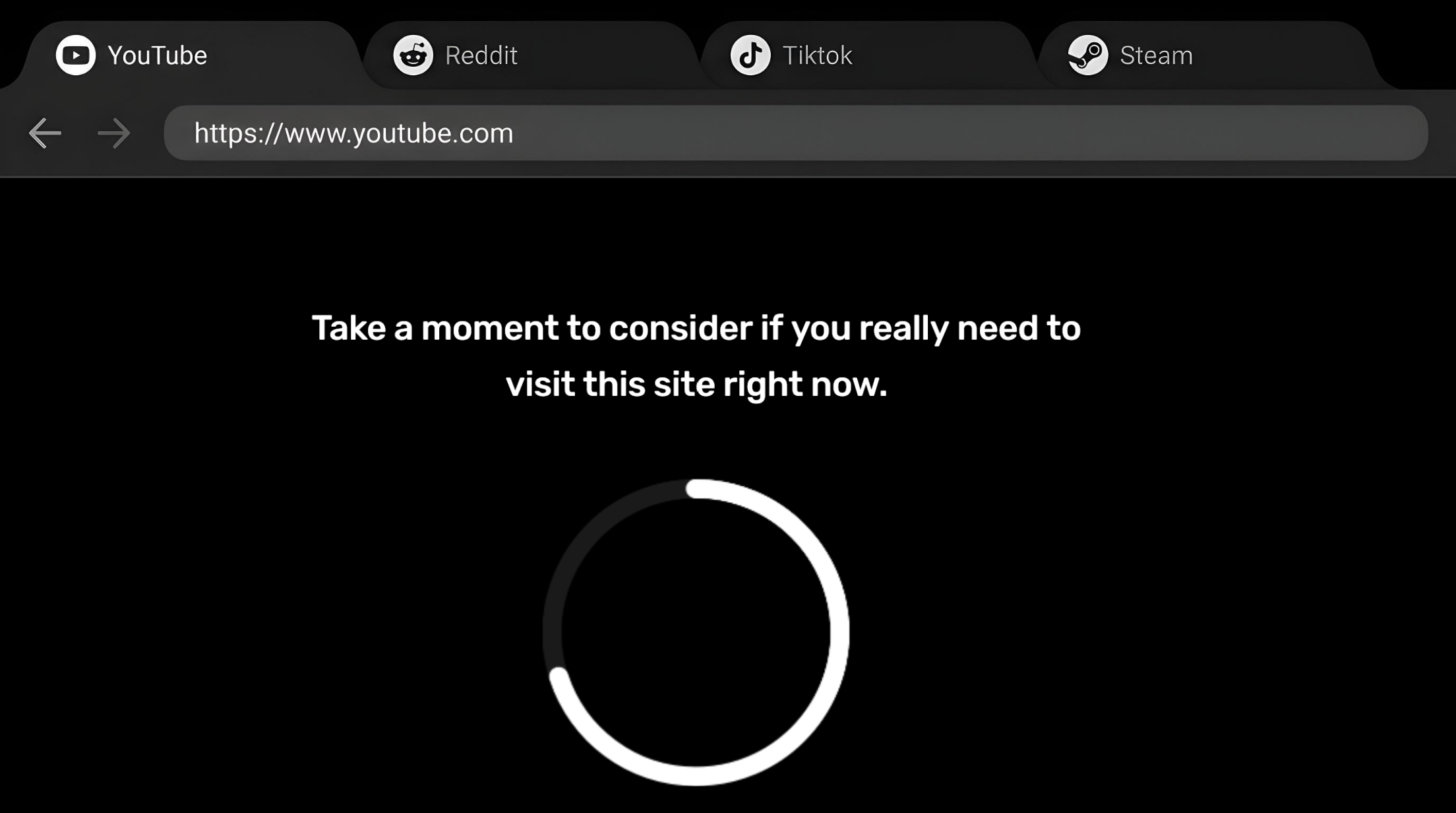 Browser showing friction screen with timer before accessing YouTube